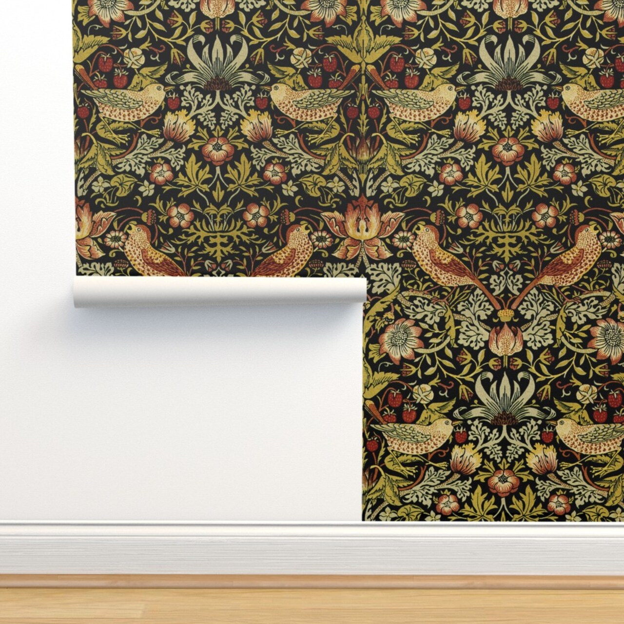 William Morris Traditional Victorian Woven Look English Garden Arts And Craft Black Green Custom Pre-pasted Wallpaper by Spoonflower Pre-Pasted Wallpaper 2FT Wide